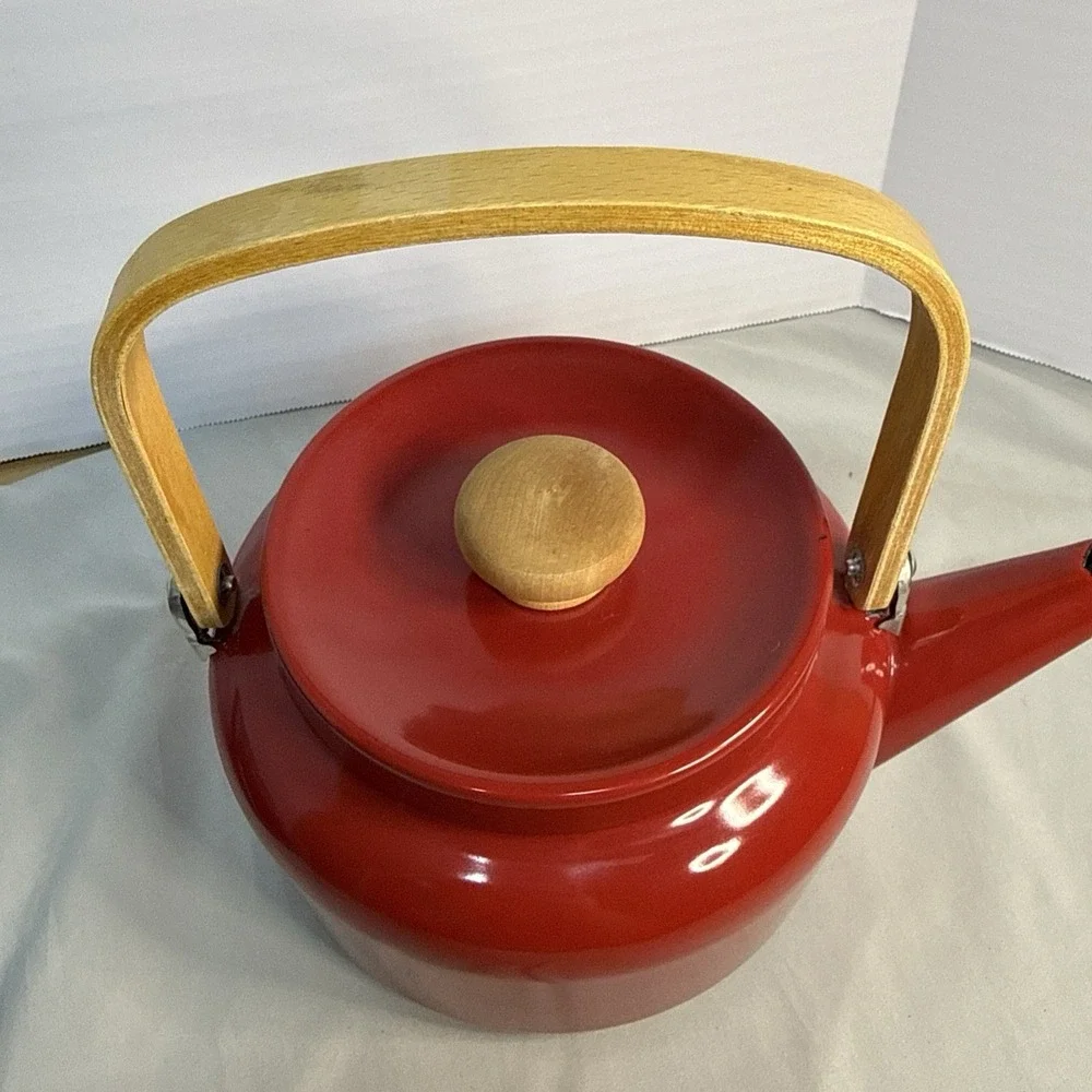 Vintage Mid-Century Modern Red Enamel Stovetop Tea Kettle